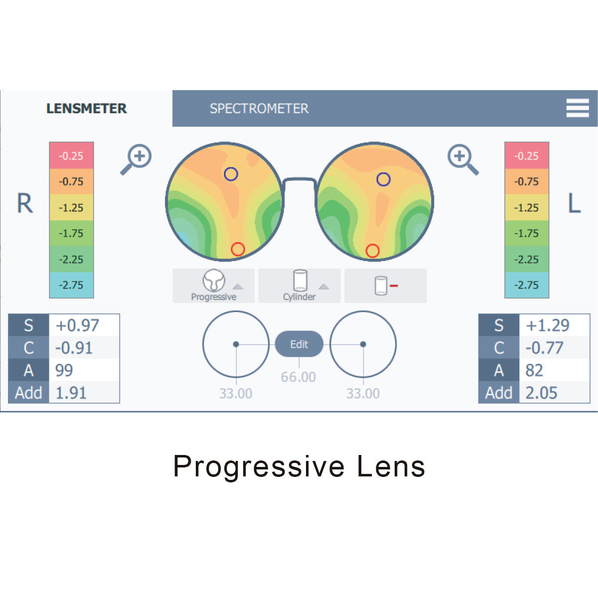 Topcon SOLOS Automatic Lens Analyzer ui screen Progressive Lens UI Screen