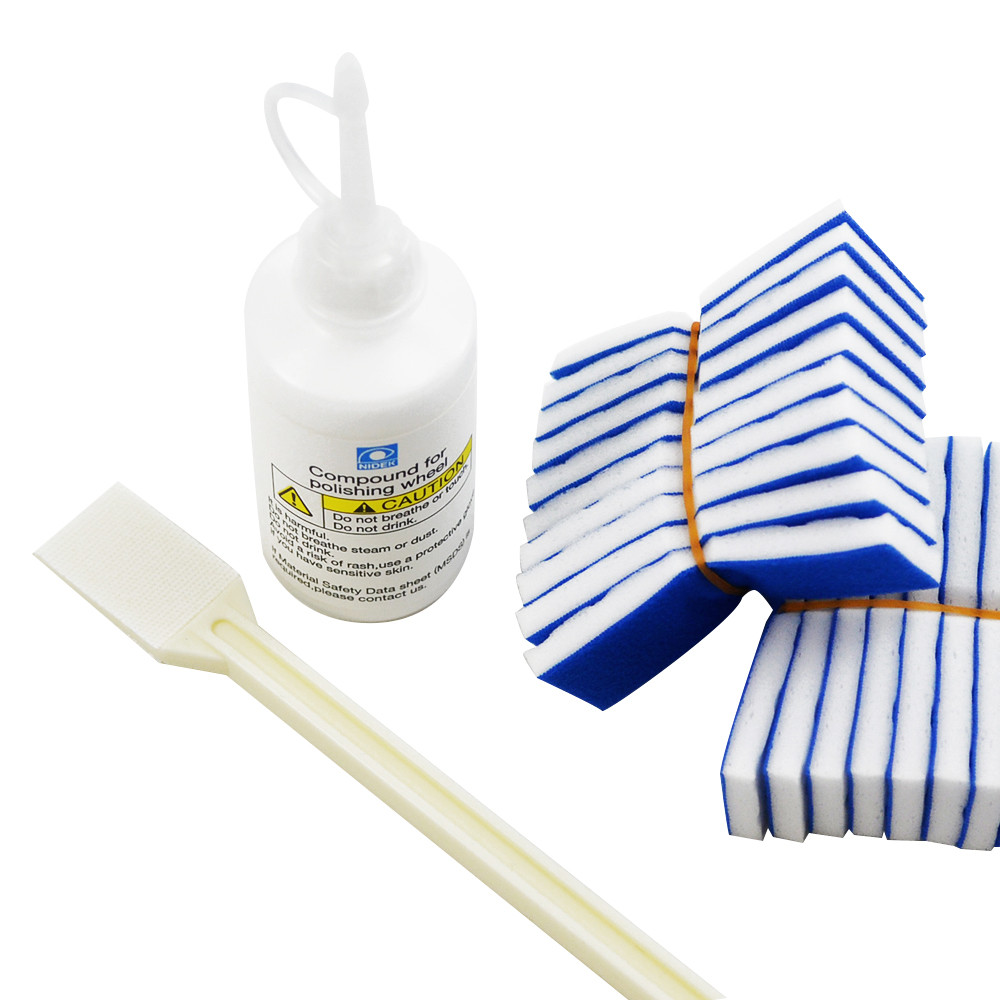 Nidek Polish Compound Kit with a compound solution, an applicator wand, and pads